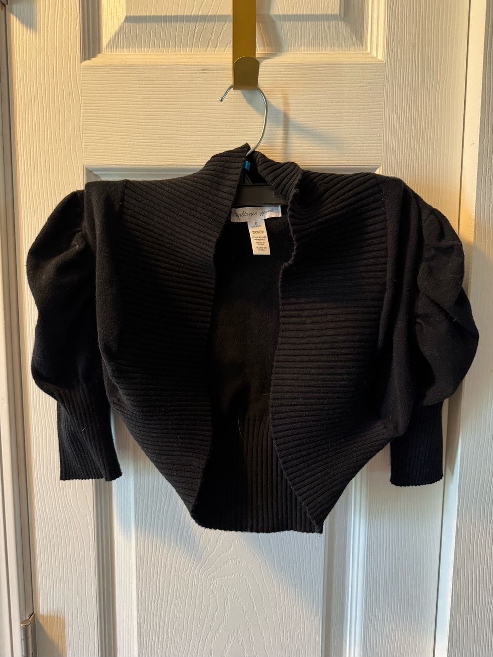 Ambiance Black Ribbed Open-Front Puff-Sleeve Shrug